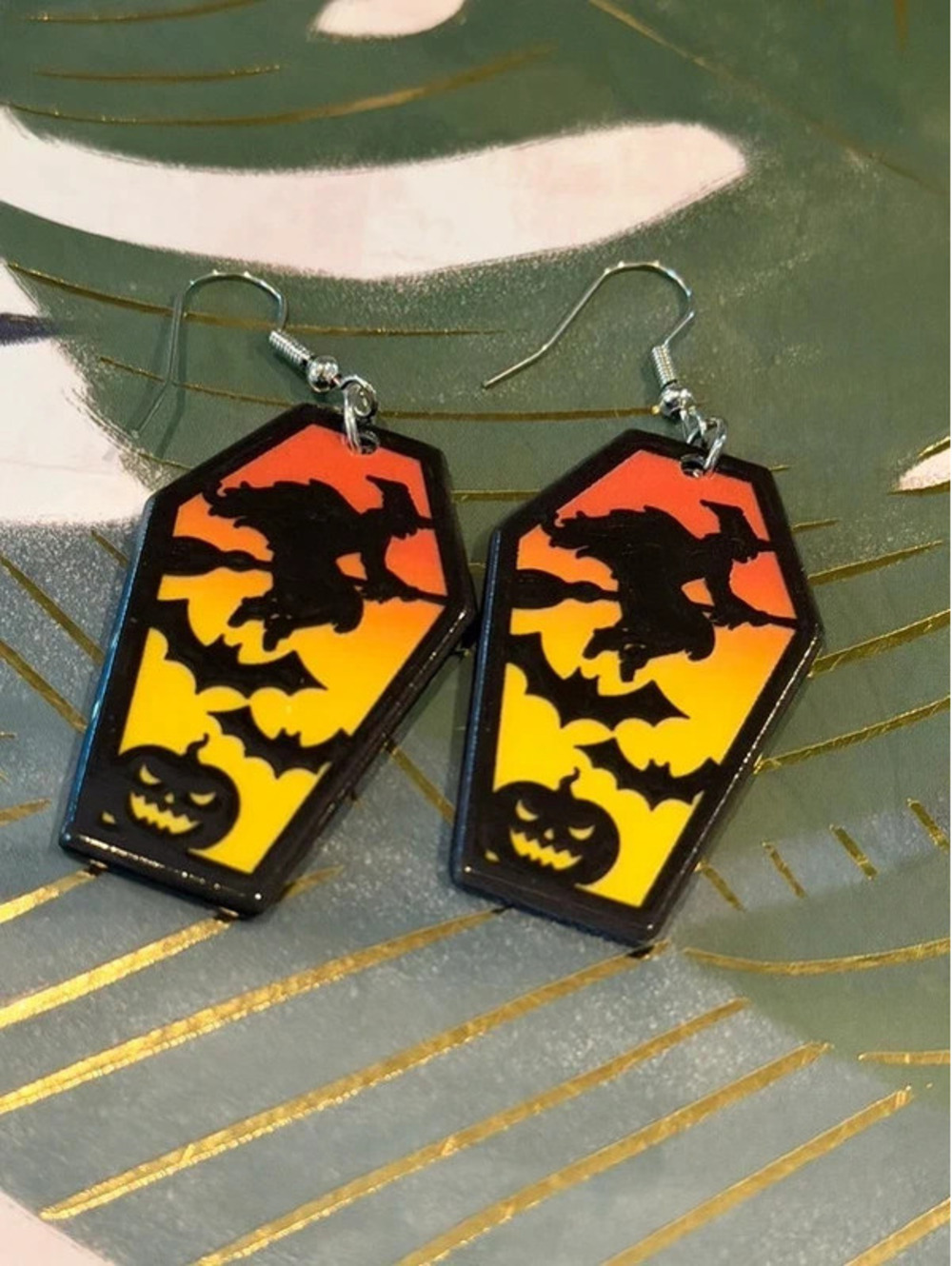 Halloween Witch Bat Pumpkin Coffin Dangle Earrings Orange Yellow Black